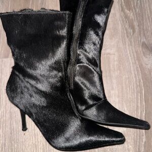 Chic Black Calf Hair Heeled Boots for Women